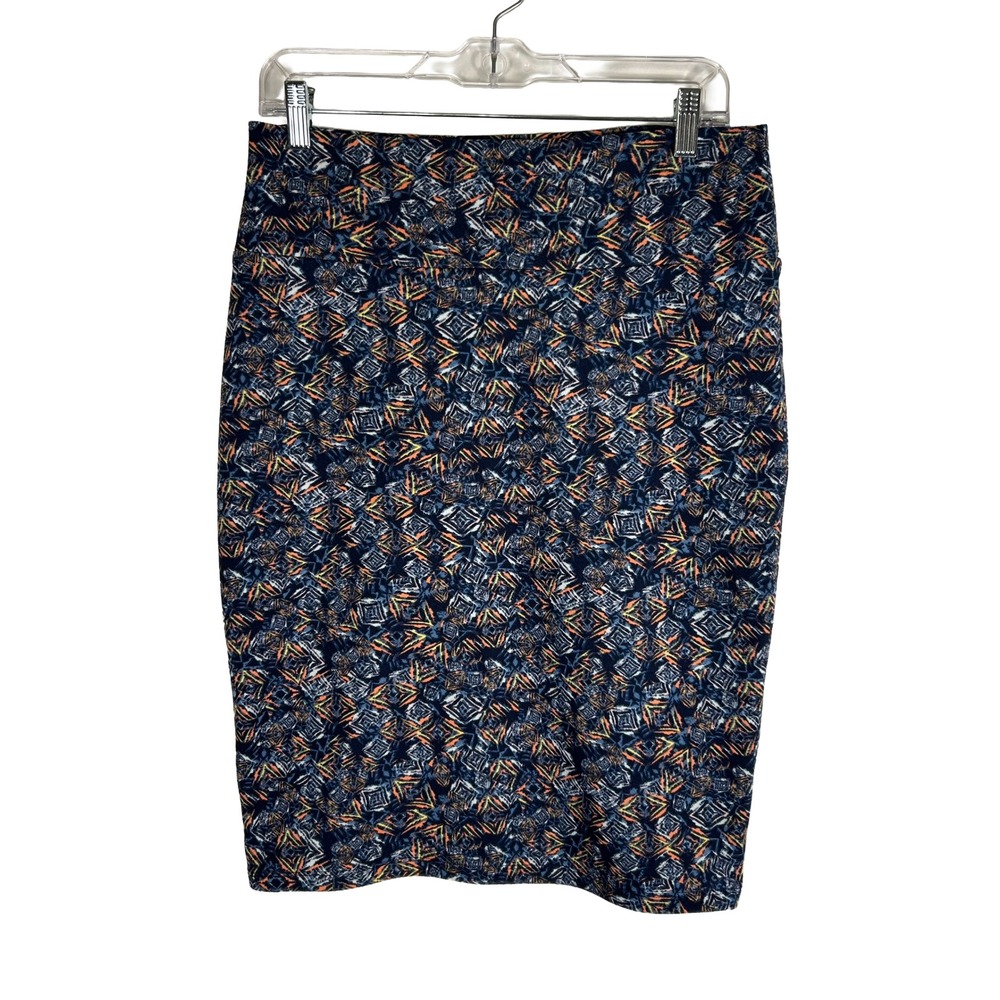 LuLaRoe Cassie Pencil Skirt Womens‎ Med Navy Blue Orange Geometric Diamond Print